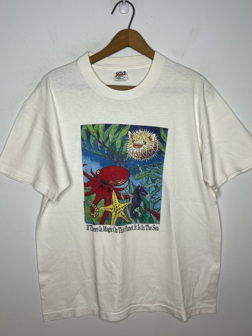 Vintage 1995 Anvil Single Stitch Sea Life Graphic T Shirt Large 90s